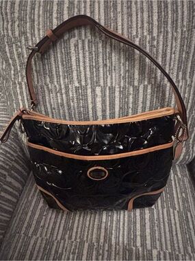 Coach Black Patent Shoulder Bag with Tan Leather Trim